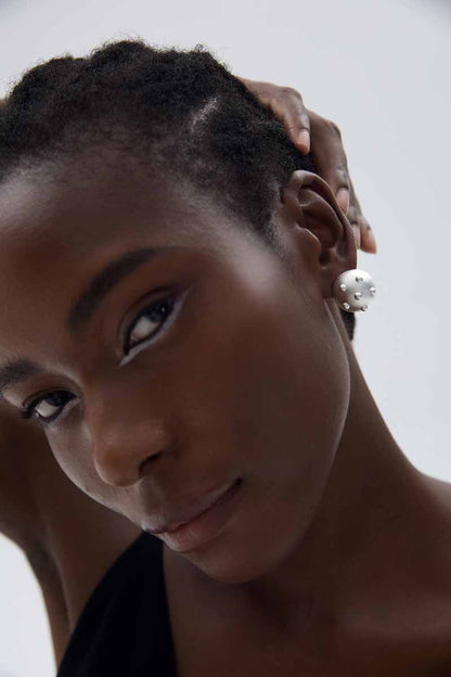 💚Chunky Jewelry Electroforming Lady's Modern Geometry Round Ball with Rivet S999 Sterling Silver Huge Stud Earrings