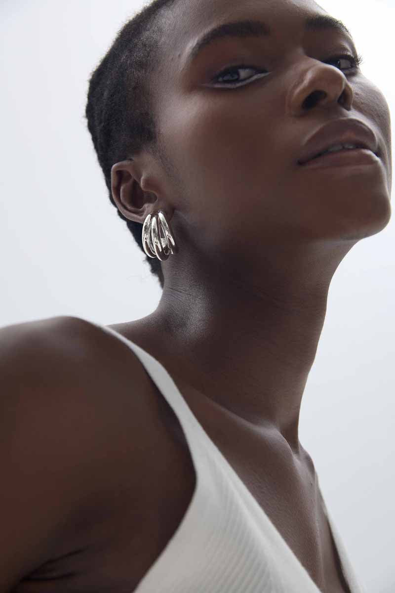 🍒Fine Jewelry Electroforming Geometry Women Hollow Three C Shape Tube S999 Sterling Silver Huggie Caged Studs Earrings(Pre-Sale)