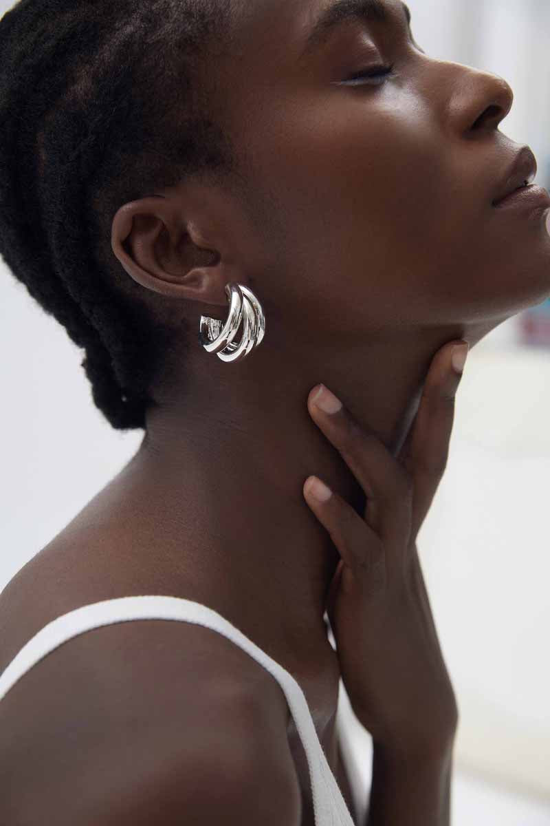 🍒Fine Jewelry Electroforming Geometry Women Hollow Three C Shape Tube S999 Sterling Silver Huggie Caged Studs Earrings(Pre-Sale)