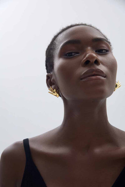 🍷Fine Jewelry Holiday Yellow Gold Plated OK Hand S999 Sterling Silver Electroforming Hollow Light Exaggerated Earrings