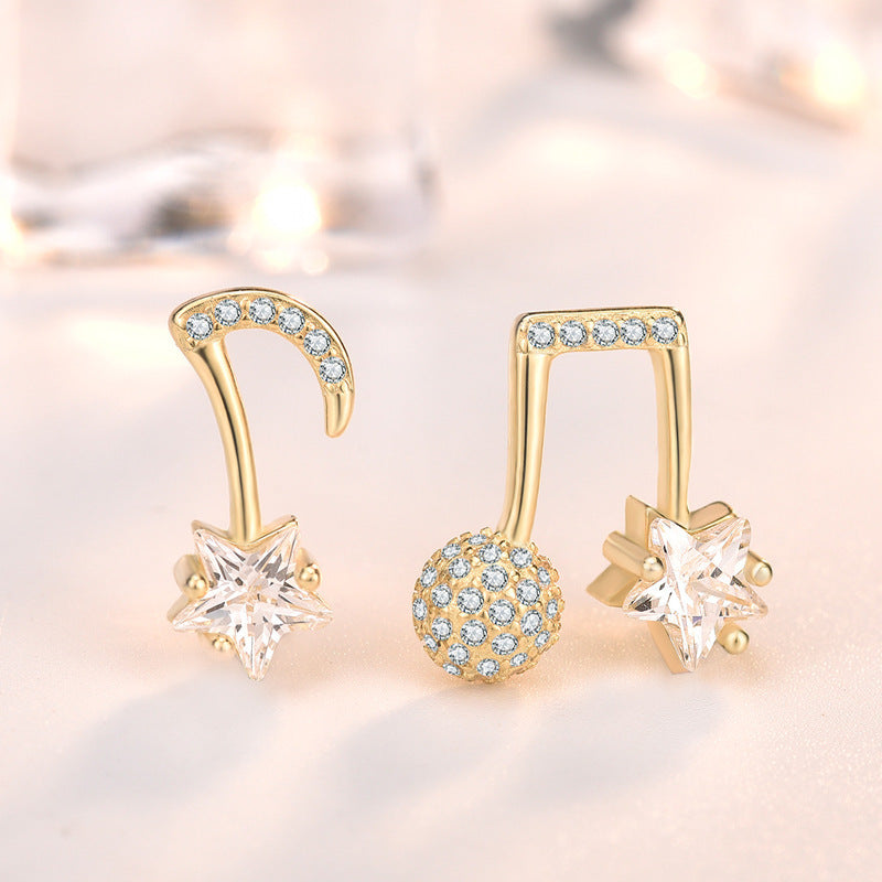 Asymmetrical Music Note & Star CZ Earrings in 925 Sterling Silver – Gold Plated
