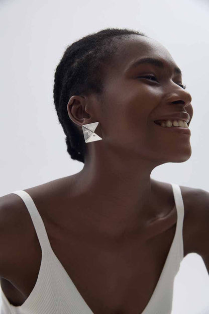 🍎Fine Jewelry Electroforming Women Hypoallergenic S999 Sterling Silver Geometric Gold Silver Tone Origami Pyramid Earrings