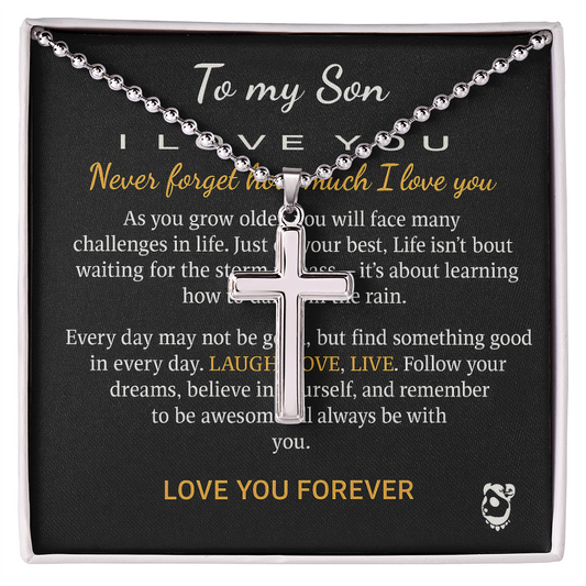 To My Son Love You Forever 18k White Gold Cross Pendant Artisan-Crafted Necklace