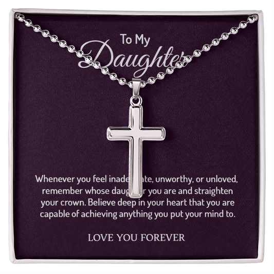 To My Daughter Love You Forever 18k White Gold Artisan-Crafted Cross Necklace with Ball Chain