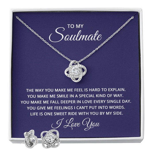 Elegant Love Knot Necklace Gift for Soulmate – Includes a sparkling pendant and matching earrings with a heartfelt message: 'To My Soulmate,' expressing eternal love and devotion. Perfect romantic gift for anniversaries, Valentine's Day, or special occasions.