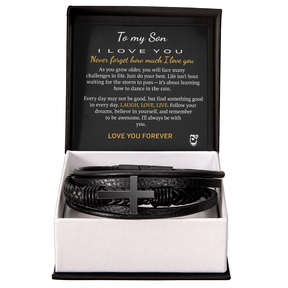 Christian Cross Bracelet for Men – Black Stainless Steel & Vegan Leather