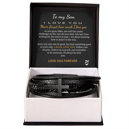 Christian Cross Bracelet for Men – Black Stainless Steel & Vegan Leather