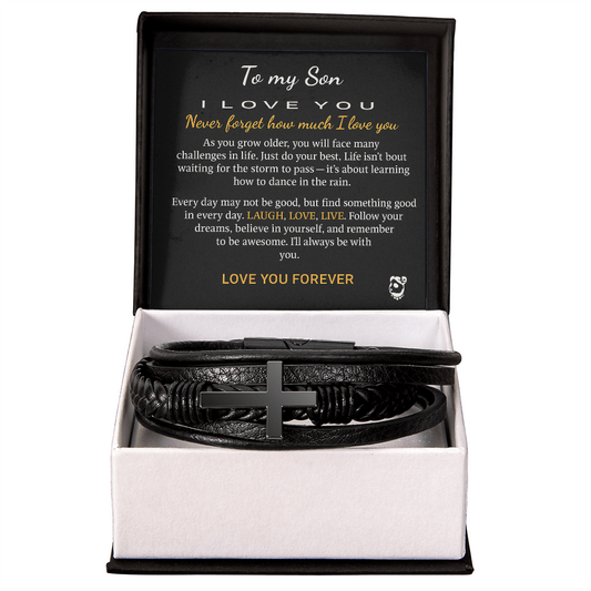 Christian Cross Bracelet for Men – Black Stainless Steel & Vegan Leather