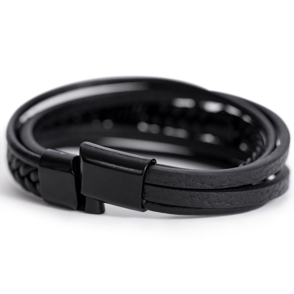 Christian Cross Bracelet for Men – Black Stainless Steel & Vegan Leather