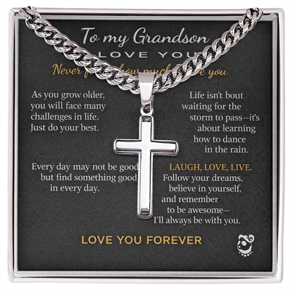 👦🏽To My Grandson Personalized Artisan Cross with Cuban Link Chain