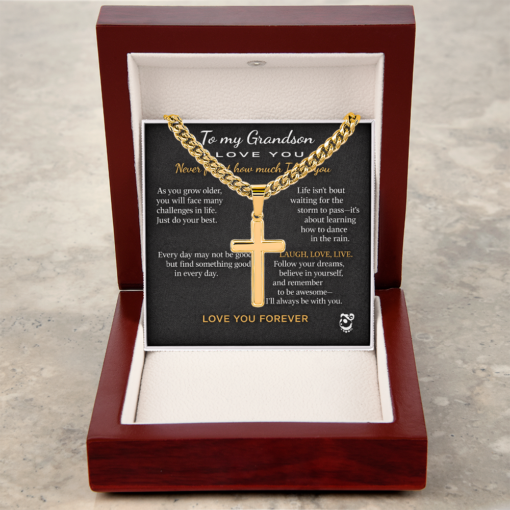 👦🏽To My Grandson Personalized Artisan Cross with Cuban Link Chain
