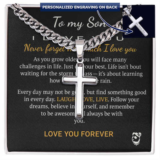 Personalized Cross with Cuban Link Chain 18k yellow gold finish or polished stainless steel