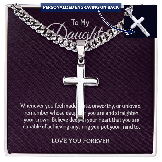 Personalized Cross with Cuban Link Chain 18k yellow gold finish or polished stainless steel