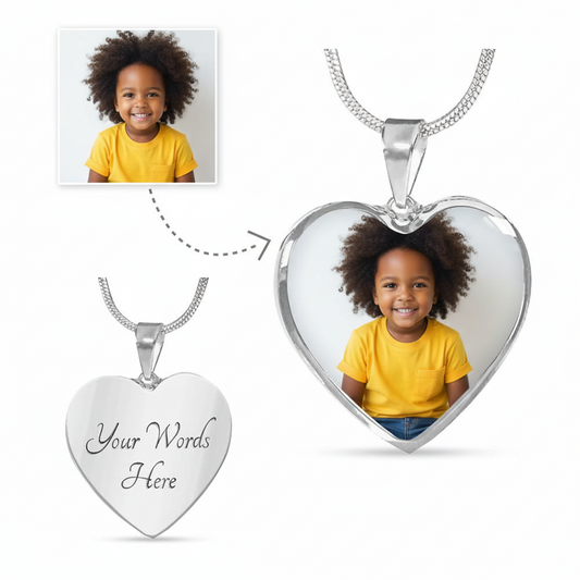 Heart-shaped photo pendant with a child's picture and customizable text on a white background