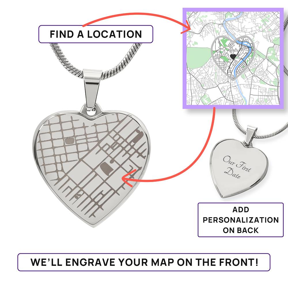 Engraved Heart Map Necklace – Personalized Location Pendant for Her