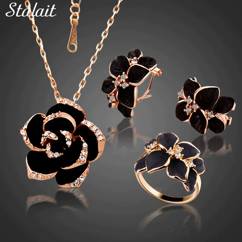 Elegant black rose flower necklace, earrings, and ring bridal jewelry set
