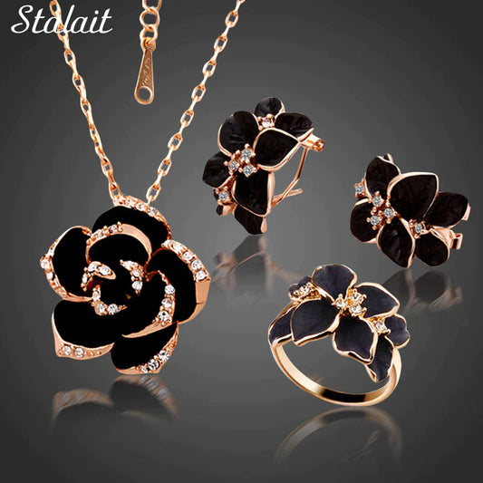 Elegant black rose flower necklace, earrings, and ring bridal jewelry set