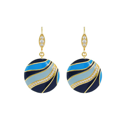 Blue and gold enamel drop earrings with crystal wave design