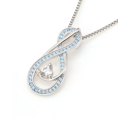 "Infinity pendant necklace with aquamarine blue birthstones and central crystal on silver chain"