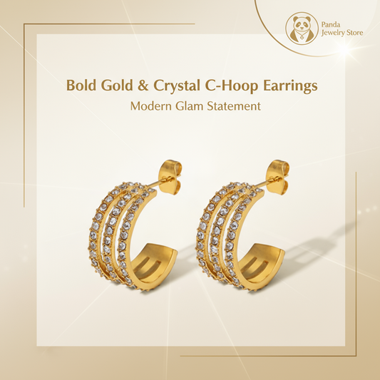 Gold and crystal hoop earrings on a beige background with 'Panda Jewelry Store' branding.