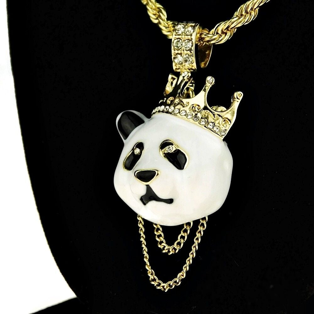 Crown Panda Rope Chain White Bear Pendant Gold Plated Hip Hop Necklace 24" Inch