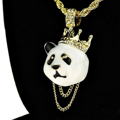Crown Panda Rope Chain White Bear Pendant Gold Plated Hip Hop Necklace 24" Inch