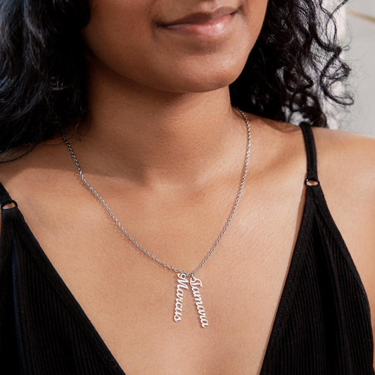 Custom Vertical Name Necklace Shown on Model - Elegant Personalized Gift