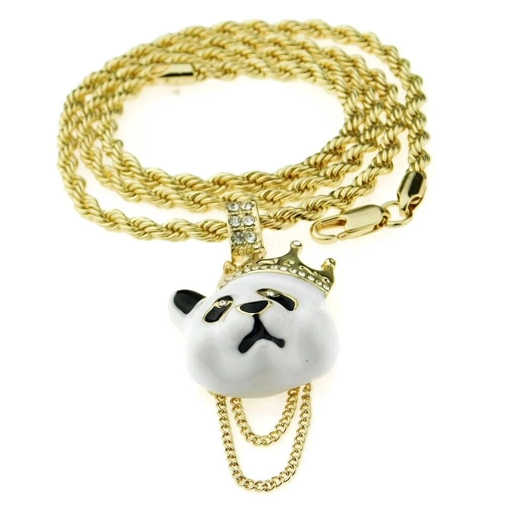 Crown Panda Rope Chain White Bear Pendant Gold Plated Hip Hop Necklace 24" Inch