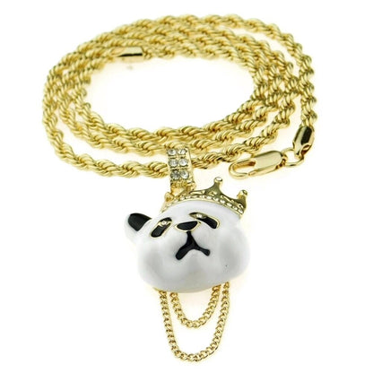 Crown Panda Rope Chain White Bear Pendant Gold Plated Hip Hop Necklace 24" Inch