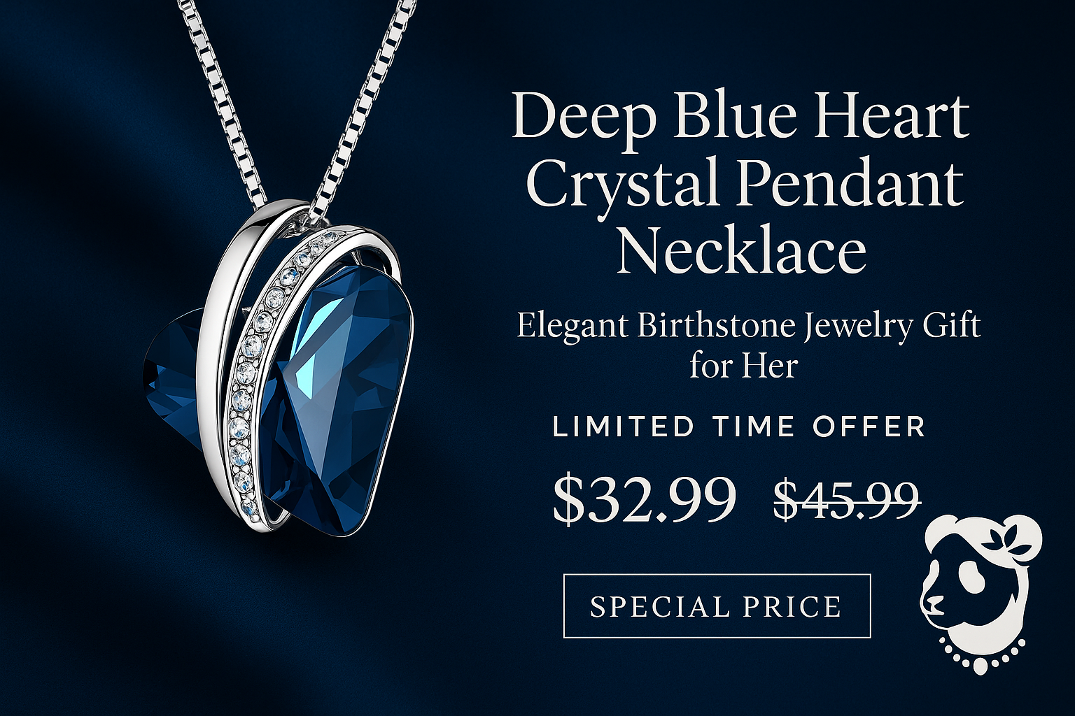 Deep Blue Heart Crystal Pendant Necklace Banner with Logo