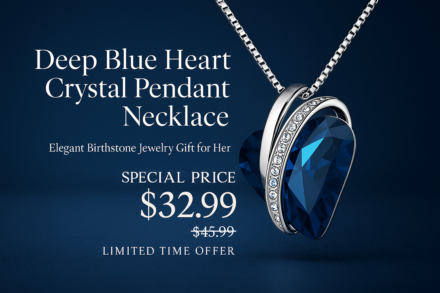 Deep Blue Heart Crystal Pendant Necklace Banner