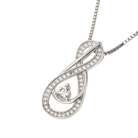 "Elegant April birthstone pendant in figure-eight design with white stones and box chain"