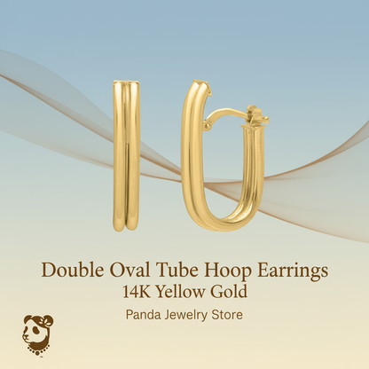 🍷Double Oval Tube Hoop Earrings in 14K Yellow Gold