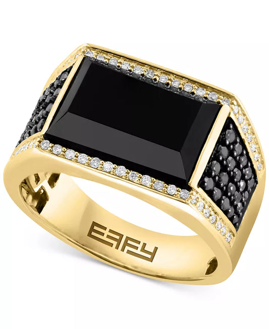EFFY 14K yellow gold ring with black and white diamonds and bold rectangular onyx centerpiece