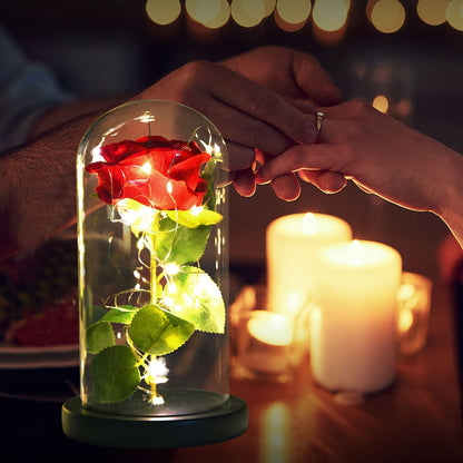  Enchanted red rose with delicate LED lights in a glass dome, symbolizing timeless love and paired beautifully with jewelry gifts