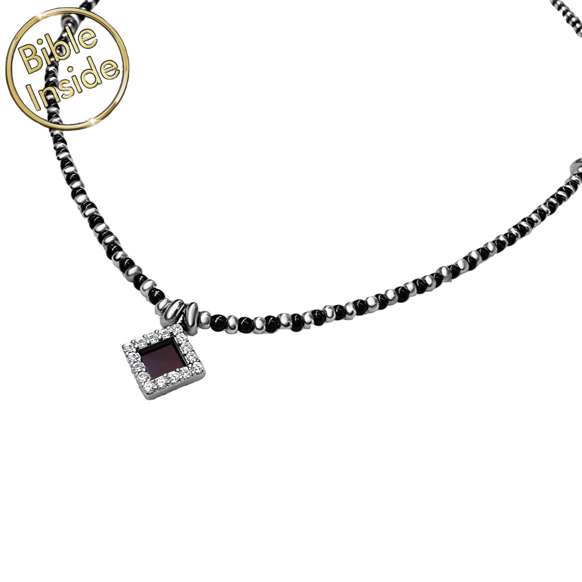 Necklace with a square pendant on a white background, featuring 'Bible Inside' branding.