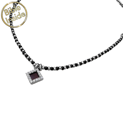 Necklace with a square pendant on a white background, featuring 'Bible Inside' branding.