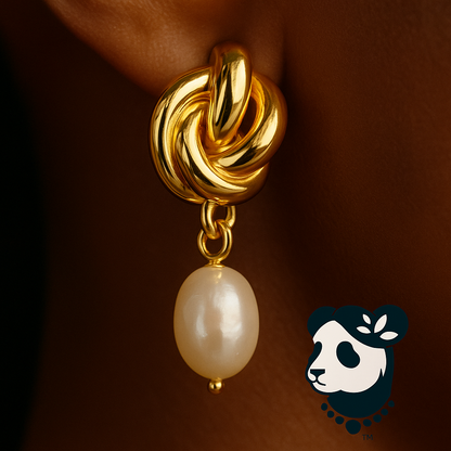 18K Gold Plated Knot Earrings with Freshwater Pearl Drop