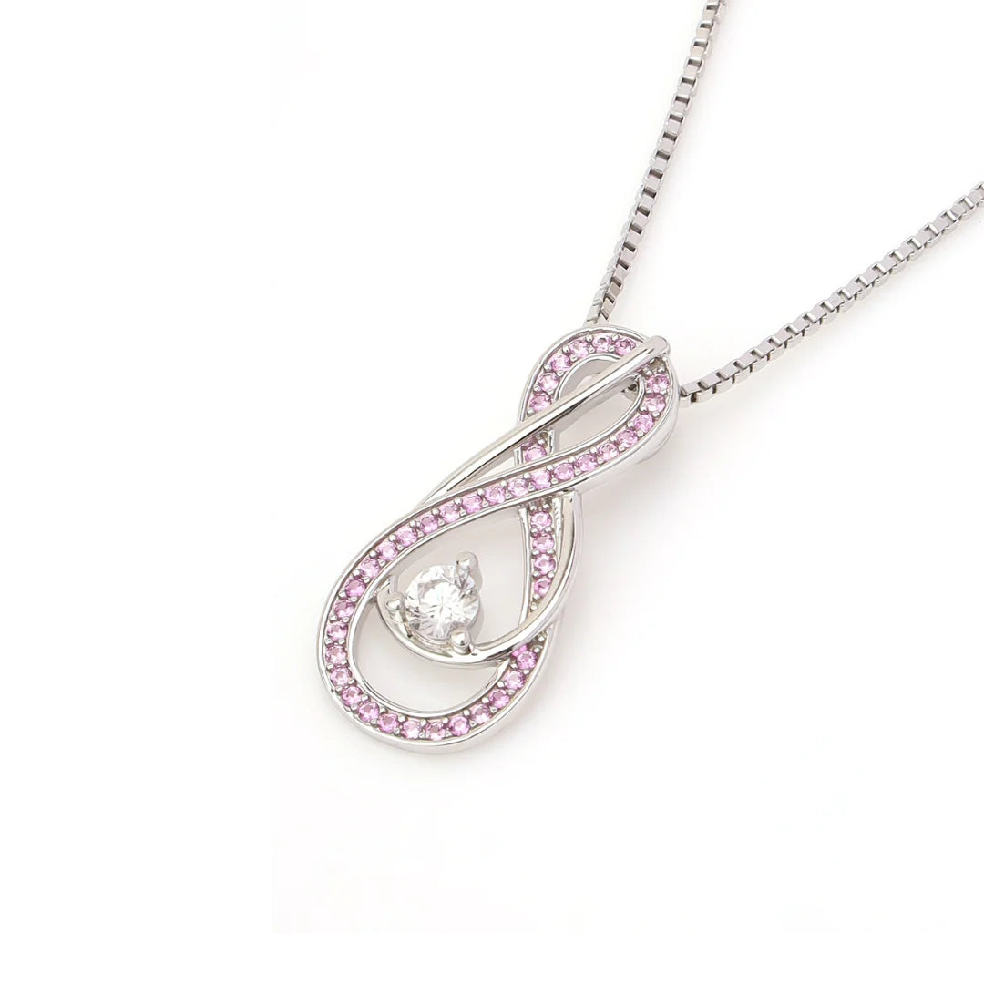 "Sterling silver infinity necklace with lavender stones and solitaire crystal for June birthdays"