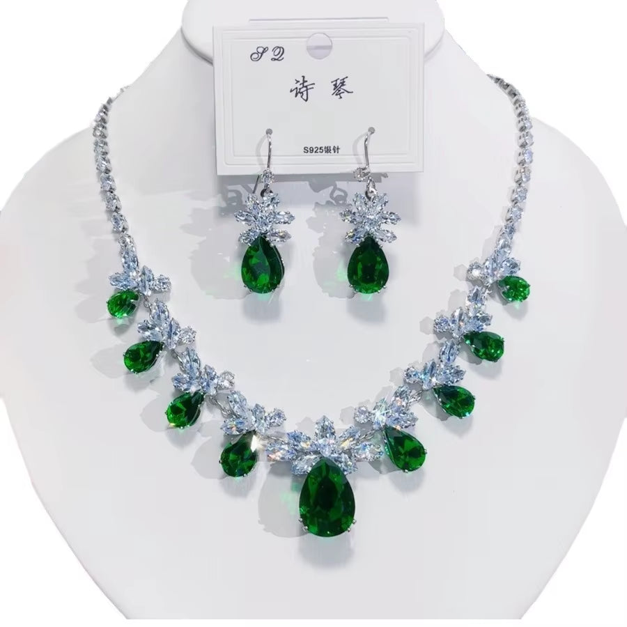 Green Emerald Waterdrop Pendant Zirconia Necklace Earrings Women New Silver Color Bridal Wedding Fashion Jewelry Set Party Gifts