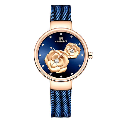 Luxury ladies' watch featuring a floral-themed rose gold case, sparkling crystals, and a stylish blue mesh strap.