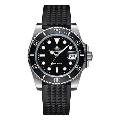 A luxury men's business and sports watch with a black dial, luminous markers, and stainless steel bezel, designed for durability and style.