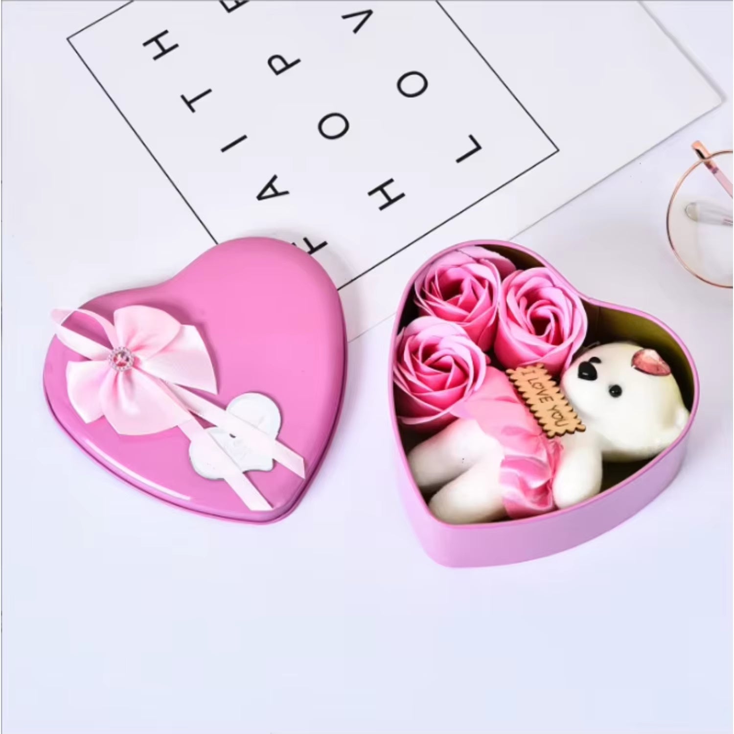 Heart-shaped pink tin box with soap roses and teddy bear – romantic Valentine’s and anniversary gift.