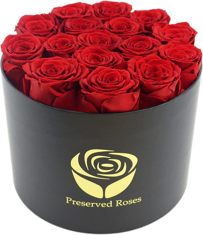 Elegant preserved roses in premium black box with gold details – perfect romantic gift for anniversaries and weddings.