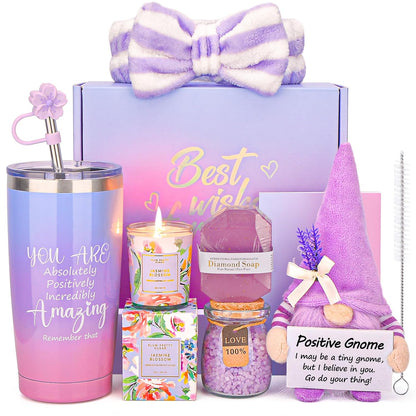 Luxury self-care spa gift set with tumbler, scented candle, bath salts, and plush gnome – perfect relaxation gift for women.