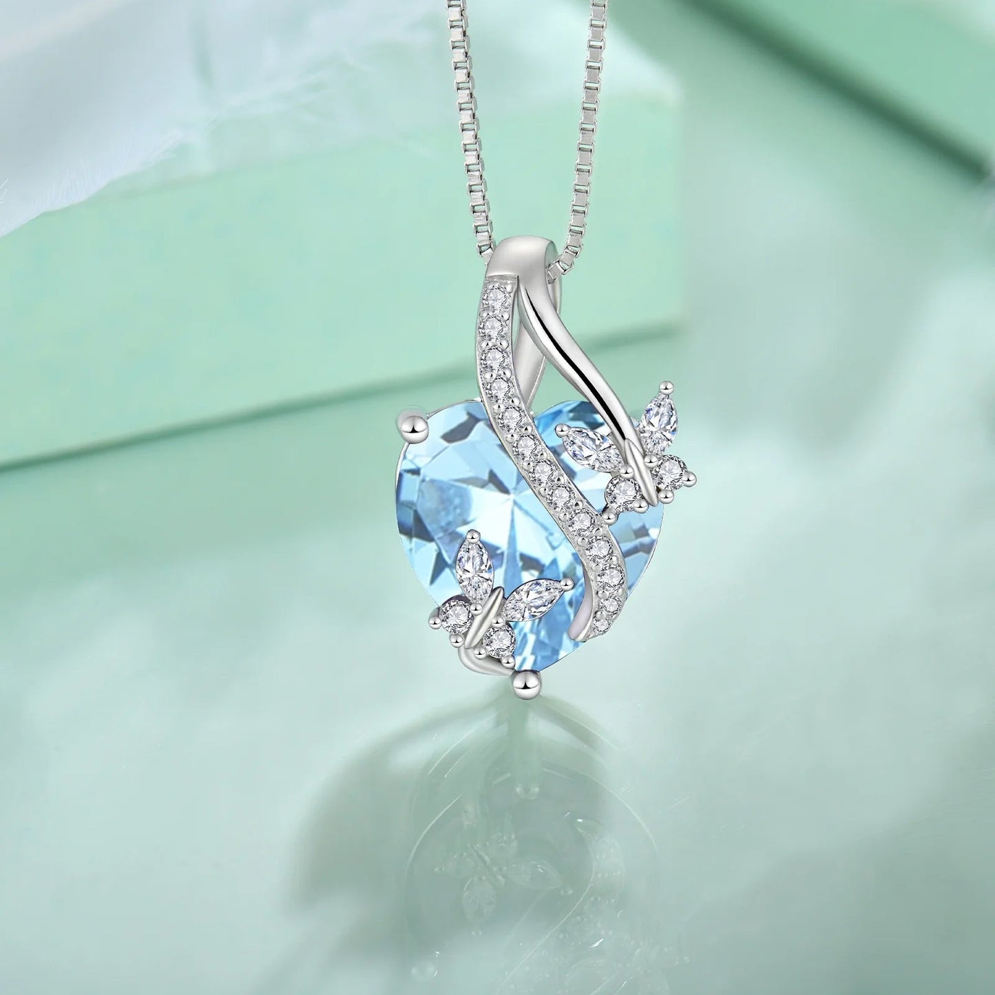 Infinite Heart Pendant Sterling Silver Butterfly Necklace for Women Jewelry Gift with Birthstone March Created Aquamarine