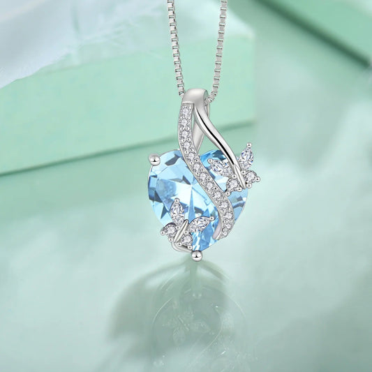 Infinite Heart Pendant Sterling Silver Butterfly Necklace for Women Jewelry Gift with Birthstone March Created Aquamarine