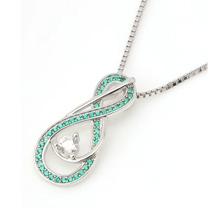 "May birthstone emerald pendant in infinity design with clear CZ on box chain"