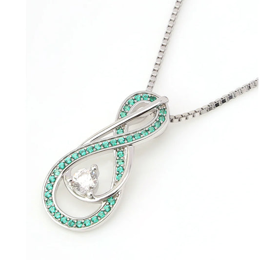 "May birthstone emerald pendant in infinity design with clear CZ on box chain"