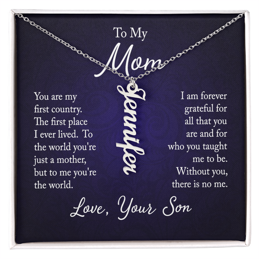 Personalized Vertical Name Necklace for Mom - 18K Gold and Stainless Steel options - Mother's Day gift from son with custom engraving